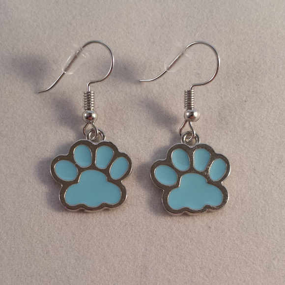 Silver Blue Cat Dog Paw Earrings Hypoallergenic Hk - Picture 2 of 2